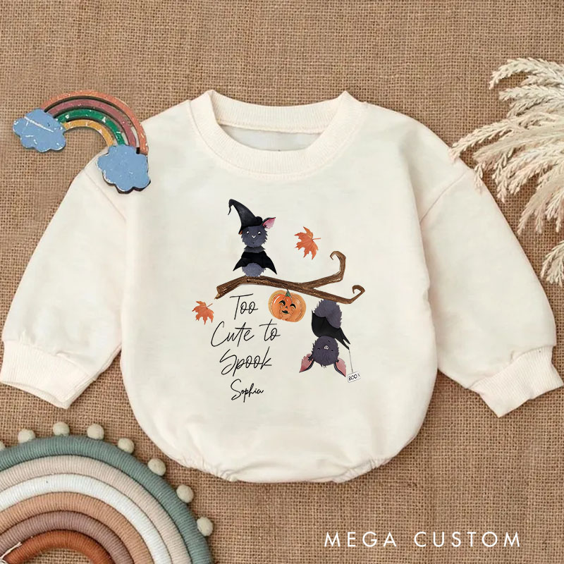 Personalized Too Cute to Spook Baby Bodysuit Featuring Adorable Bats and Pumpkins for Halloween