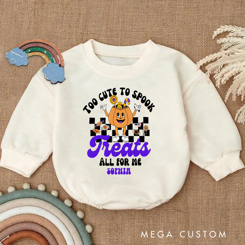 Personalized Too Cute to Spook Treats All for Me Baby Bodysuit with Pumpkin Character Design