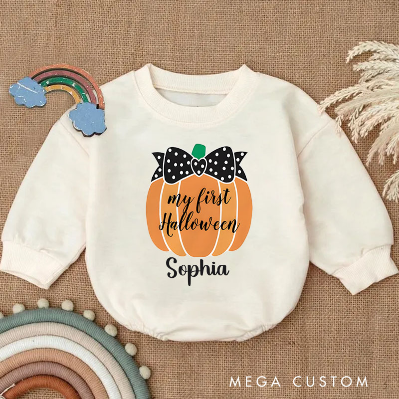 Personalized My First Halloween Pumpkin Baby Bodysuit with Bow Accent