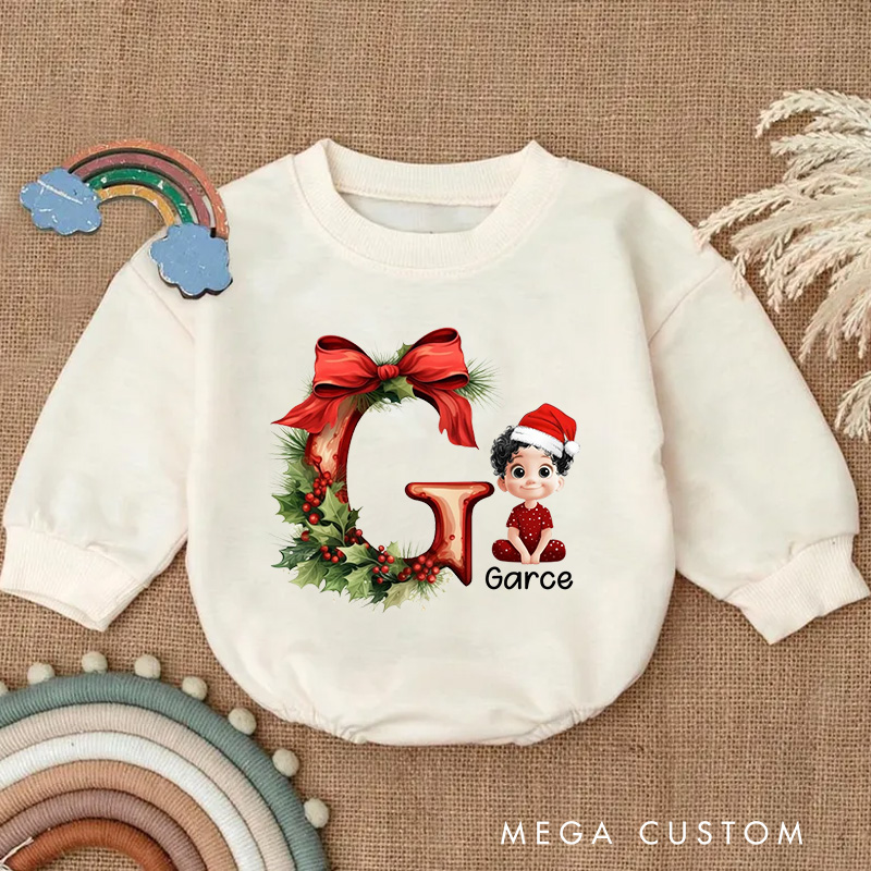 Personalized Cartoon Character Holly Bow Initial Bodysuit with Name Christmas Party Gifts for Baby