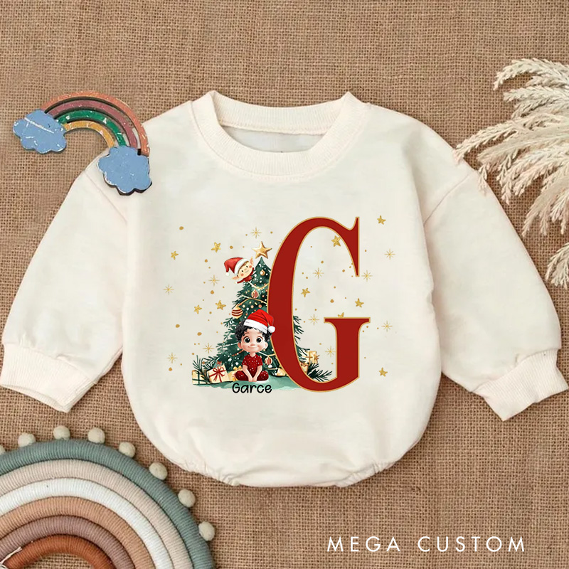 Personalized Cartoon Character Holly Bow Initial Bodysuit with Name Christmas Party Gift for Baby
