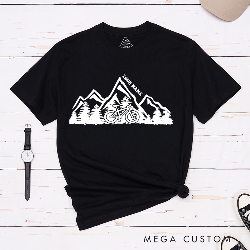 Personalized Mountain Adventure Cycling T-Shirt with a Cyclist Silhouette for Outdoor Adventures Riding Cycling Biking Enthusiasts