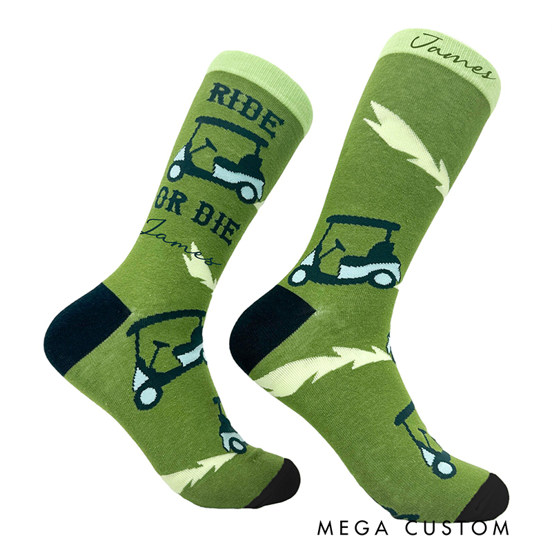 Personalized Golf Themed Crew Socks with Custom Name Fun Ride or Die Golf Cart Design and Comfortable Fit