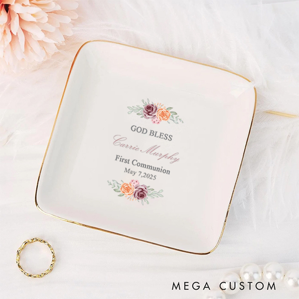 Personalized God Bless First Communion Ceramic Jewelry Dish with Name and Date Birthday Religious Baptism Gift for Kids