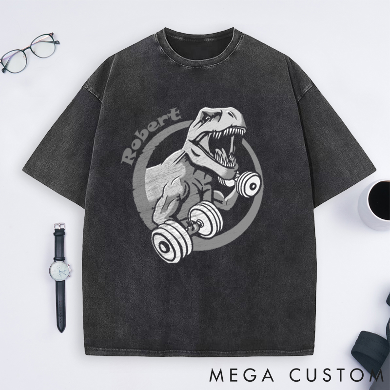 Personalized Gym Washed T-Shirts with Fierce T Rex Lifting Dumbbells Design for Fitness Enthusiasts Bodybuilders and Gym Lovers