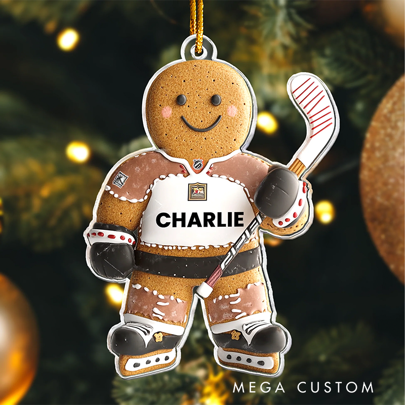 Personalized Gingerbread Hockey Player Christmas Ornament with Custom Name and Festive Design for Holiday Decorations