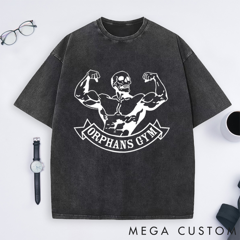Personalized Gym Washed T-Shirts with Bold Skeleton Bodybuilder Design for Fitness Enthusiasts Bodybuilders and Gym Lovers