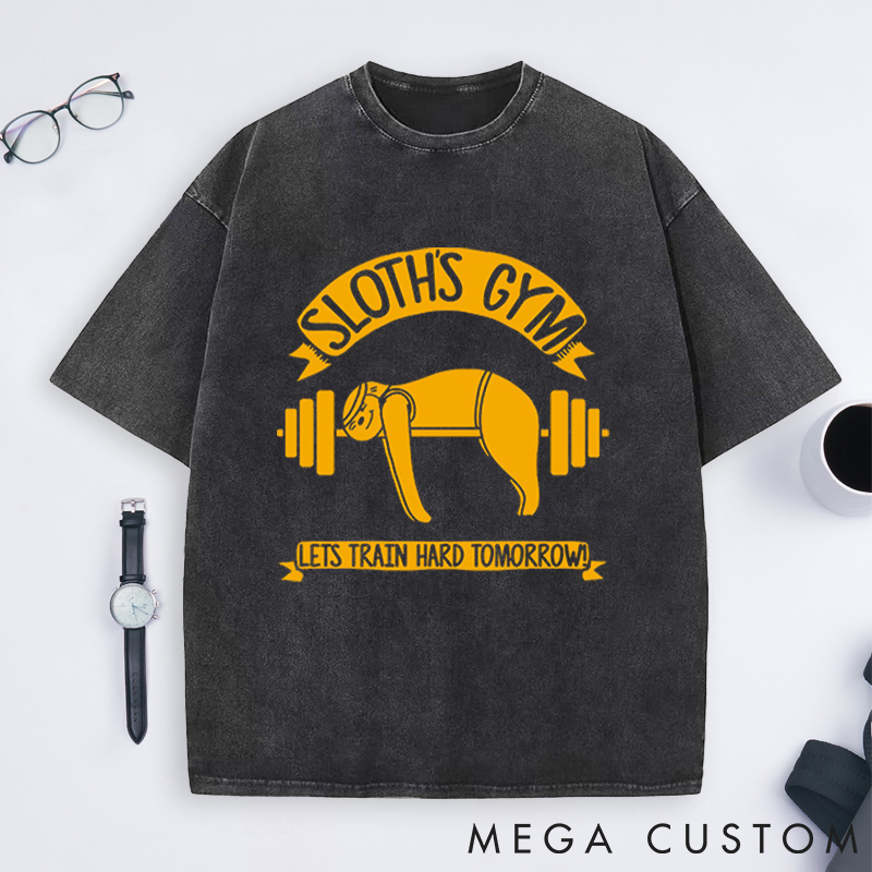 Personalized Gym Washed T-Shirts with Funny Sloth Lifting Barbell Design for Fitness Enthusiasts Bodybuilders and Gym Lovers