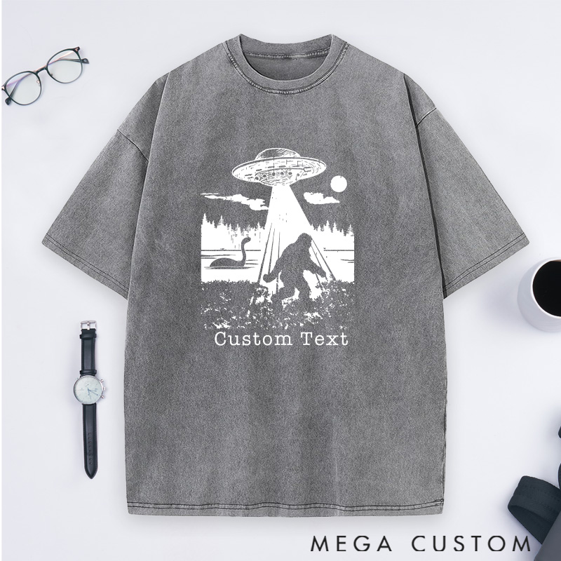 Personalized Funny Bigfoot Loch Ness Monster Alien Washed T-Shirts Gift for Hiking Camping Adventure Lovers