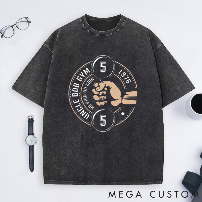Personalized Gym Washed T-Shirts with Retro Fist and Dumbbell Design for Fitness Enthusiasts Bodybuilders and Gym Lovers