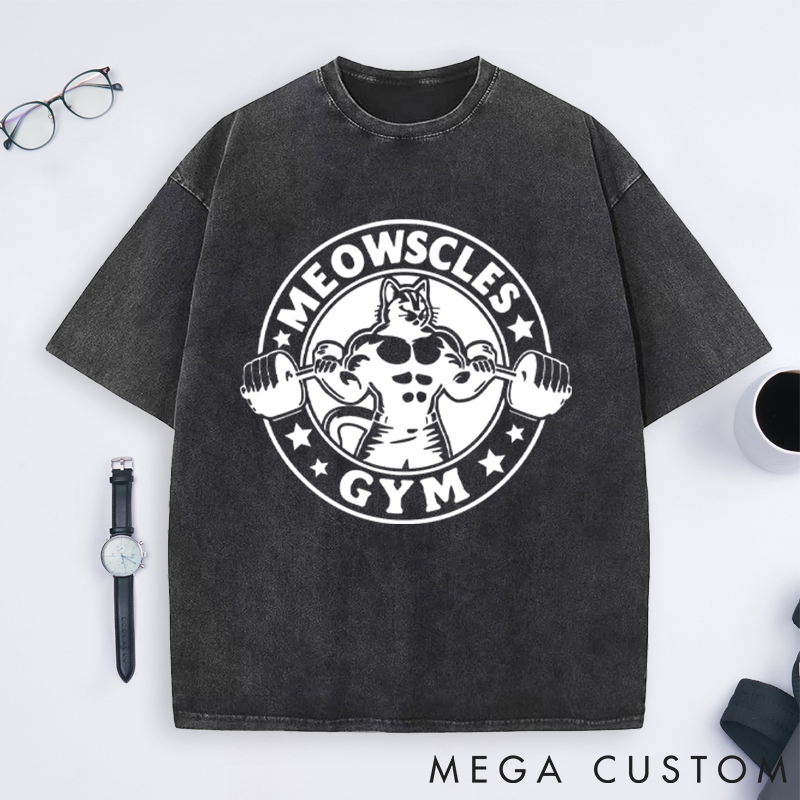 Personalized Gym Washed T-Shirts with Buff Cat Lifting Dumbbells Design for Fitness Enthusiasts Bodybuilders and Gym Lovers