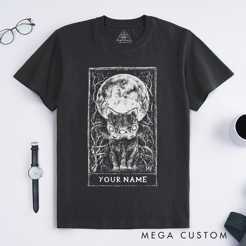 Personalized Tarot Lovers Classic T-Shirts The Moon Tarot Card T-Shirt Gothic Style Dark Cat Gift