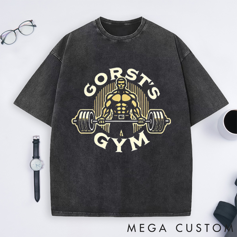 Personalized Powerful Bodybuilder Washed T-Shirts with Barbell Design for Fitness Enthusiasts Bodybuilders and Gym Lovers