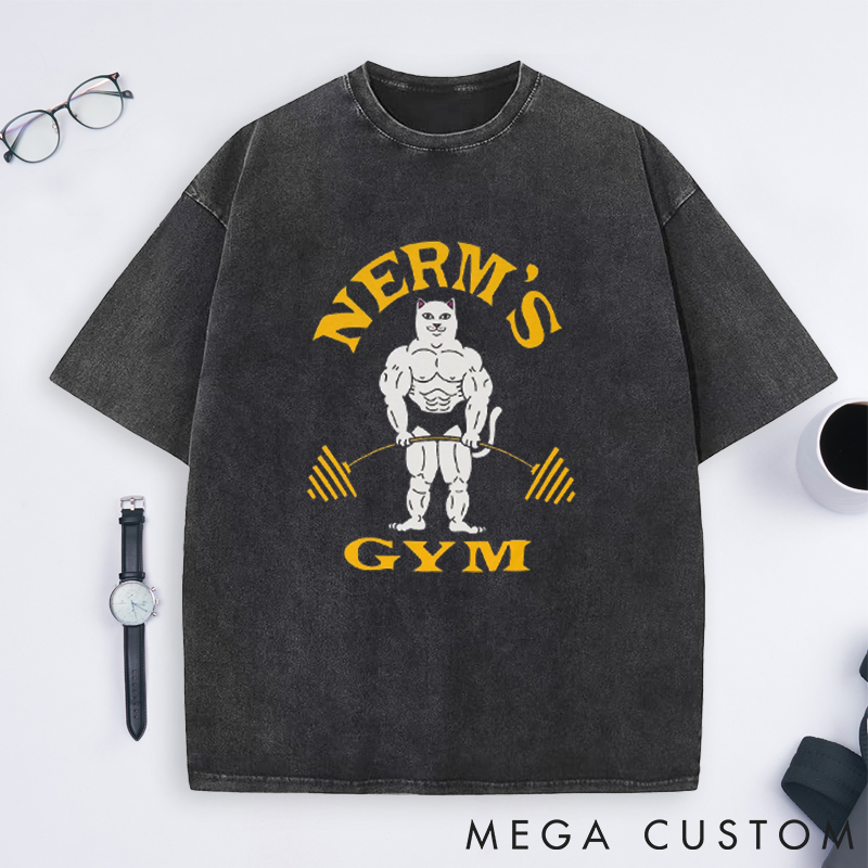 Personalized Barbell Design Washed T-Shirts with Muscular Cartoon Character for Fitness Enthusiasts Bodybuilders and Gym Lovers