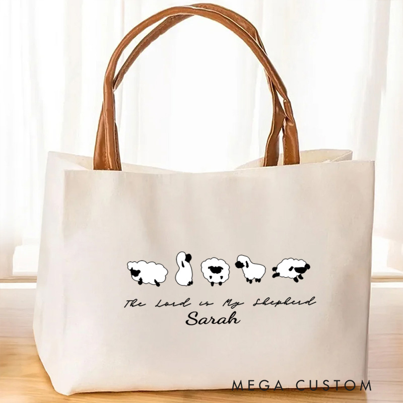 Personalized The Lord is My Shepherd Canvas Tote Bag with Name and Leather Handle Travel Accessories Religious Ceremonies Gift for Women Christian