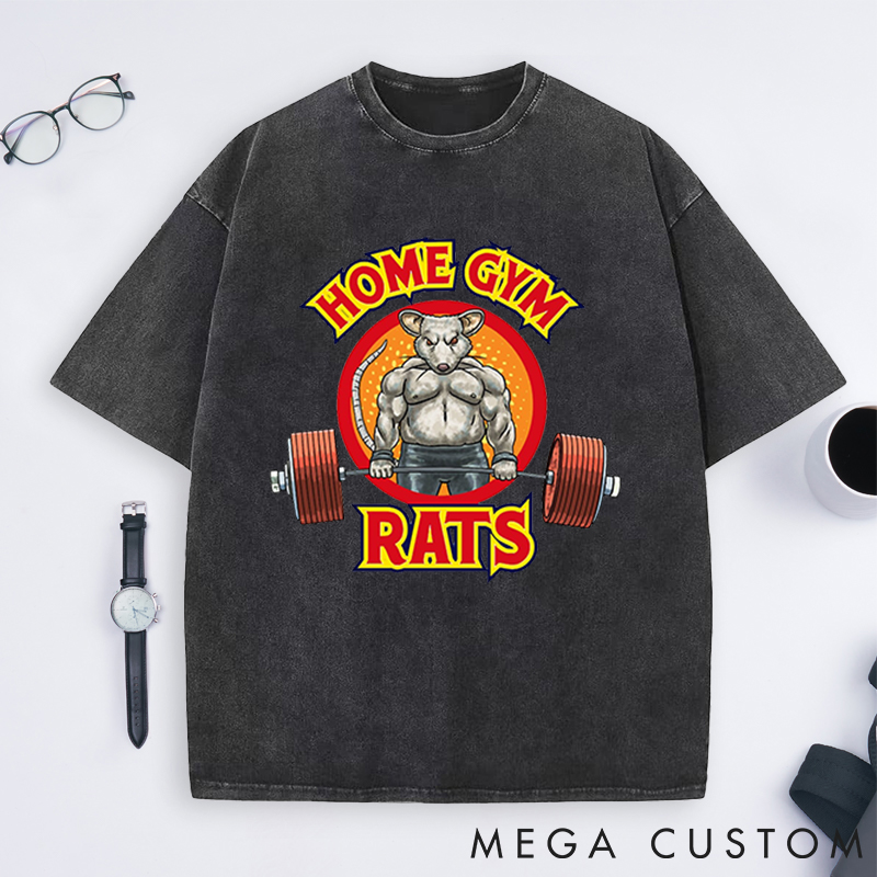 Personalized Gym Washed T-Shirts with Muscular Rat Lifting Barbell Design for Fitness Enthusiasts Bodybuilders and Gym Lovers