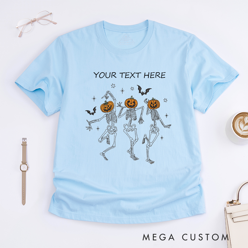 Personalized Dancing Skeletons Pumpkin Head T-Shirt Custom Name Unisex Funny Spooky Gift for Friends Men Women Halloween Party Couples Family