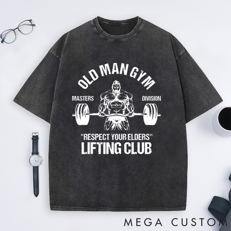 Personalized Old Man Gym Washed T-Shirts with Masters Lifting Club Design for Fitness Enthusiasts Bodybuilders and Gym Lovers