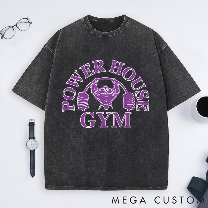 Personalized Power House Gym Washed T-Shirts with Bold Purple Bodybuilder Design for Fitness Enthusiasts Bodybuilders and Gym Lovers