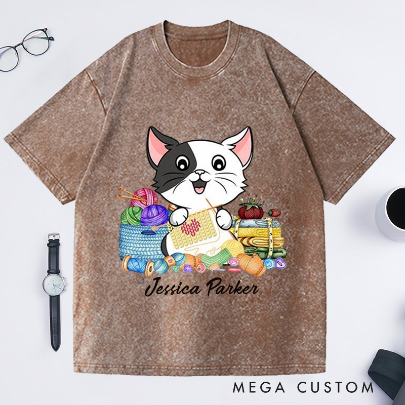 Personalized I Love Knitting And Cat Washed T-Shirts Knit Gift Knitting Gift Knitter Gift Love To Knit Love Knitting Knit Lover