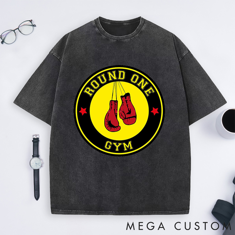 Personalized Round One Gym Washed T-Shirts with Classic Boxing Gloves Design for Fitness Enthusiasts Bodybuilders and Gym Lovers