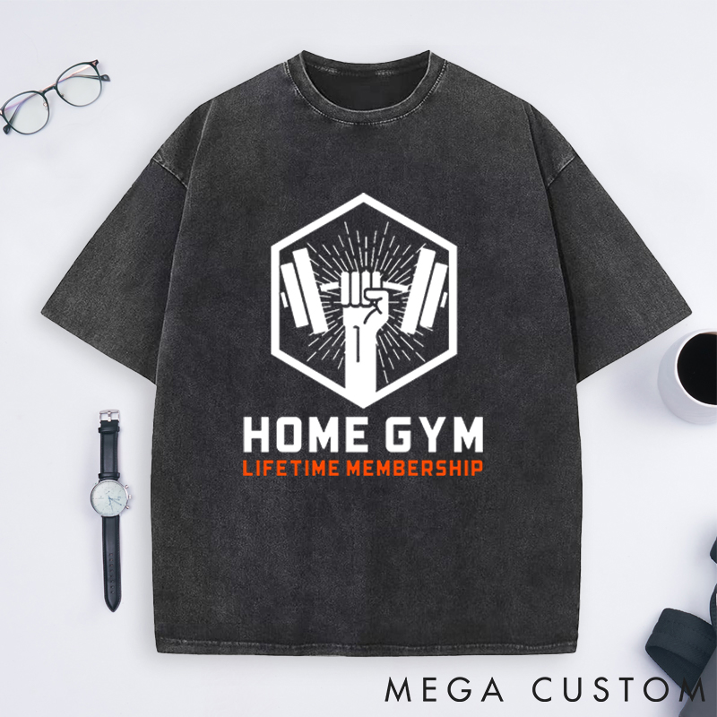 Personalized Gym Washed T-Shirts with Lifetime Membership Bold Barbell Design for Fitness Enthusiasts Bodybuilders and Gym Lovers