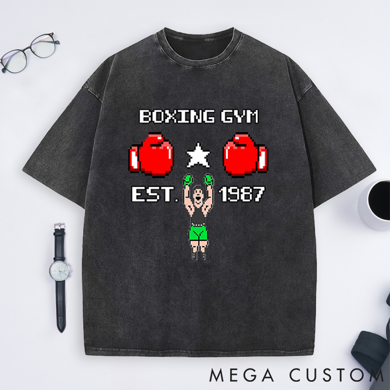 Personalized Boxing Gym Washed T-Shirts with Retro Pixelated Gloves and Champion Design for Fitness Enthusiasts Bodybuilders and Gym Lovers