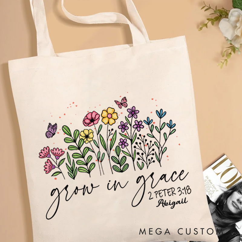 Personalized Floral Grow in Grace Bible Verse Canvas Tote Bag with Custom Name Christian Tote Bag Birthday Gift for Women and Girls