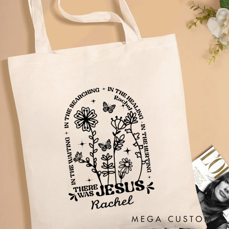 Personalized There Was Jesus Canvas Tote Bag with Name Floral and Butterfly Tote Bag Birthday Gift for Women