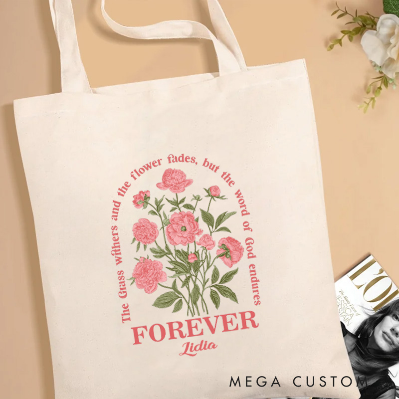 Personalized Isaiah 40:8 Bible Verse Tote Bag Vintage Floral Canvas Tote Bag with Name Religious Gift Birthday Gift for Women and Girls
