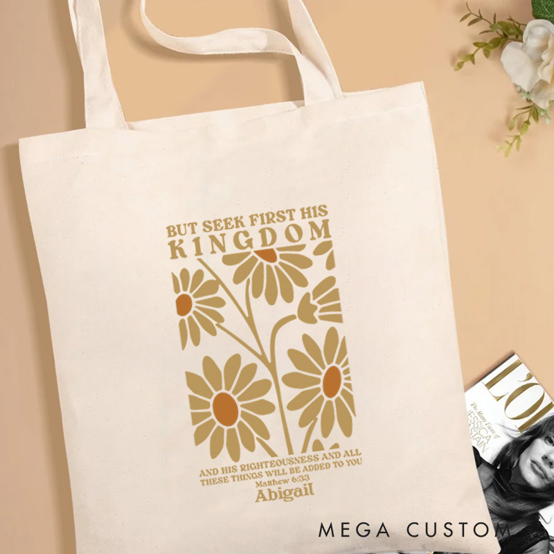 Personalized Matthew 6:33 Bible Verse Canvas Tote Bag with Name Daisies Design Bag Religious Gift Birthday Gift for Christian Girls