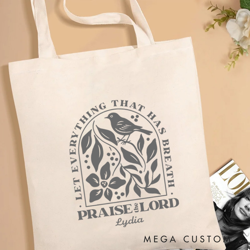 Personalized Psalm 150:6 Bible Verse Canvas Tote Bag with Name Inspirational Religious Gift Birthday Gift for Women and Girls