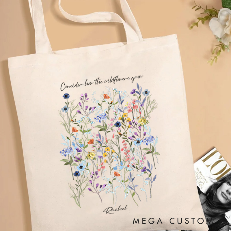 Personalized Botanical Floral Wildflowers Canvas Tote Bag with Name Religious Gift Birthday Gift for Christian Women