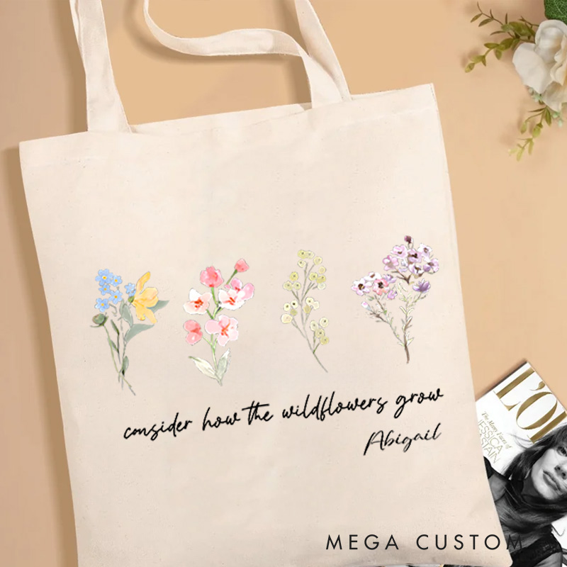 Personalized Luke 12:27 Bible Verse Flora Affirmation Canvas Tote Bag with Name Religious Inspirational Gift for Female Friends