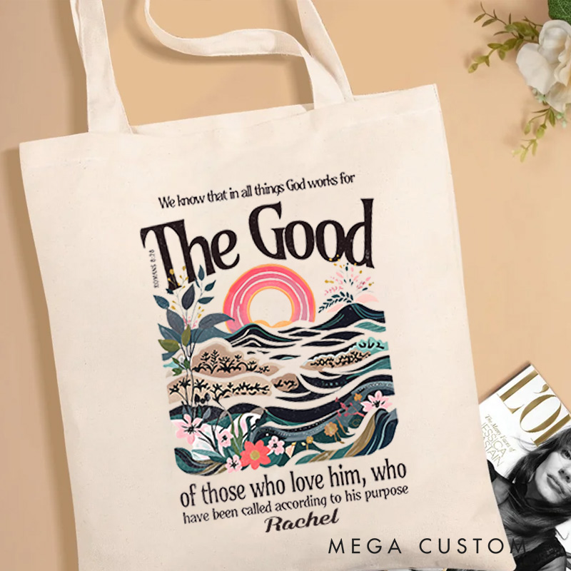 Personalized Romans 8:28 Bible Verse Canvas Tote Bag with Hills and Fields Faith Bag Birthday Gift for Women and Girls