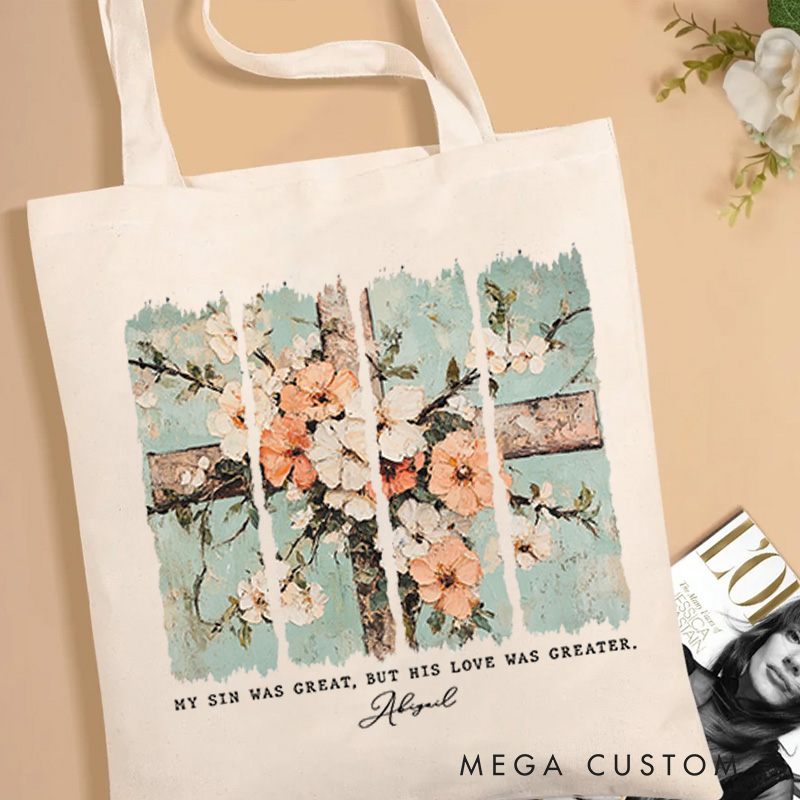 Personalized John 3:16 Bible Verse Canvas Tote Bag with Name Cross and Floral Motivational Quote Tote Bag Religious Gift for Female Friends