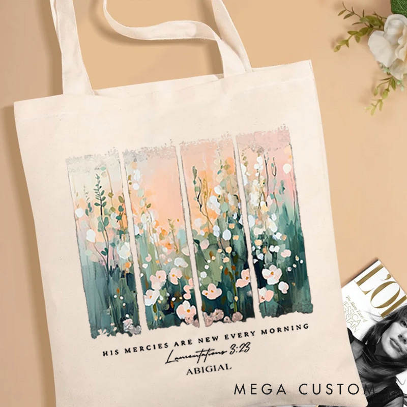 Personalized His Mercies Are New Every Morning Bible Verse Canvas Tote Bag with Name Floral Jesus Bag Prayer Quote Gift Birthday Gift for Girls