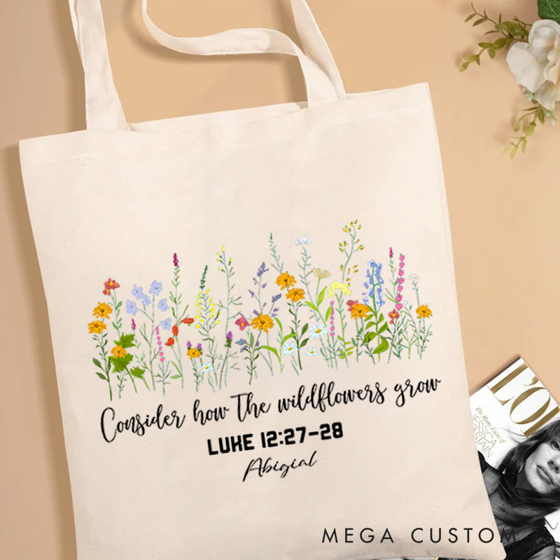 Personalized Luke 12:27-28 Canvas Tote Bag with Custom Name Religious Gift Birthday Gift for Women and Girls