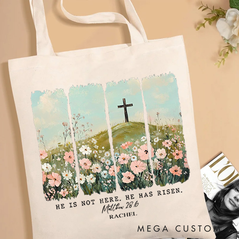 Personalized He Is Not Here He Has Risen Bible Verse Custom Name Canvas Tote Bag with Cross and Floral Blessing Gift Birthday Gift for Christian Women
