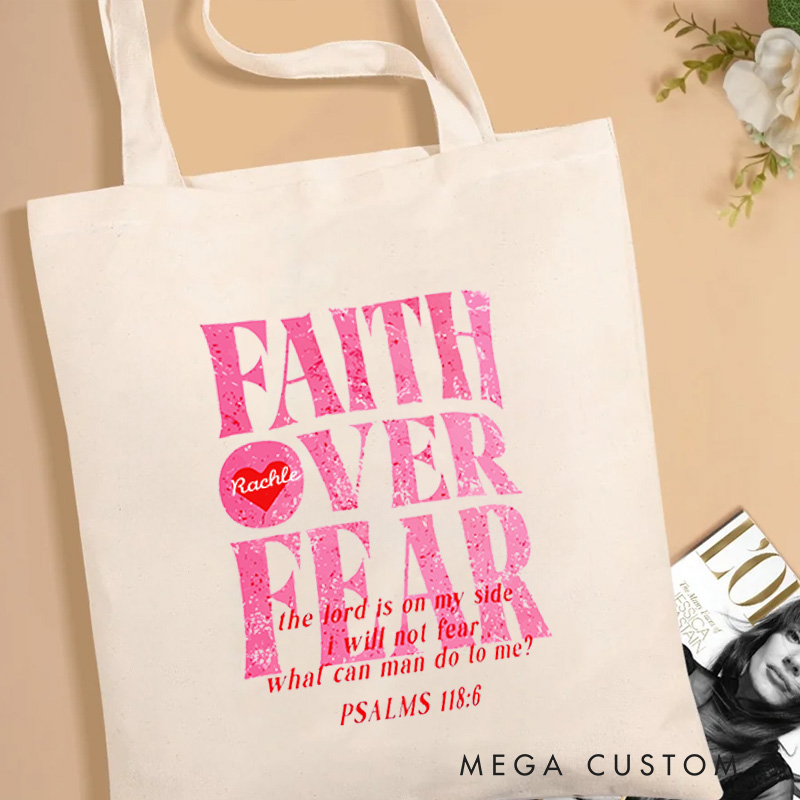 Personalized Faith Over Fear Tote Bag with Name Inspirational Christian Canvas Tote Bag Gift of Faith Birthday Gift for Women