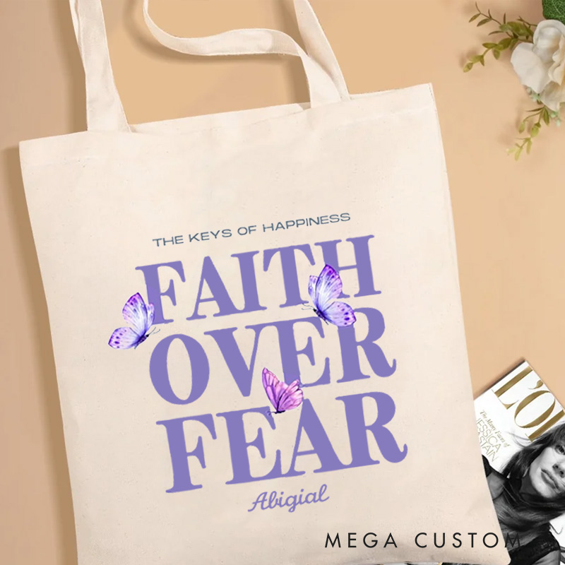 Personalized Faith Over Fear Butterflies Tote Bag with Name Religious Canvas Tote Bag Birthday Gift Faith Based Gift for Christians