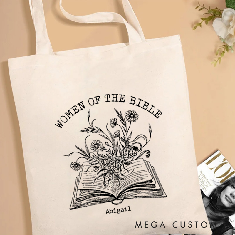 Personalized Women of the Bible Canvas Tote Bag with Floral and Book Christian Tote Bag with Name Birthday Gift Religious Gift for Her