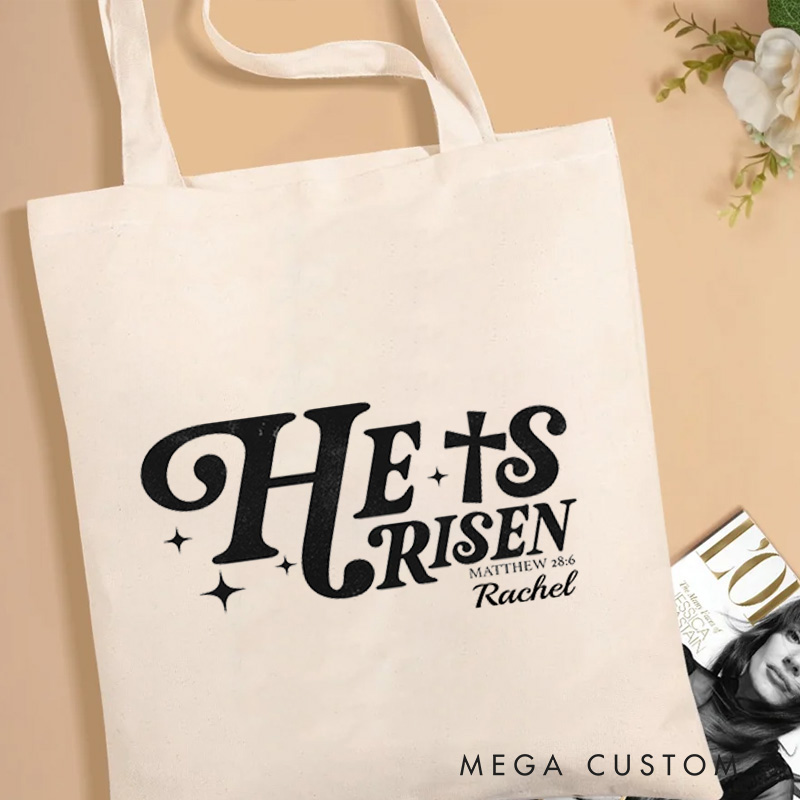 Personalized He Is Risen Canvas Tote Bag with Name Matthew 28:6 Bible Verse Tote Bag Religious Gift Easter Gift for Christians