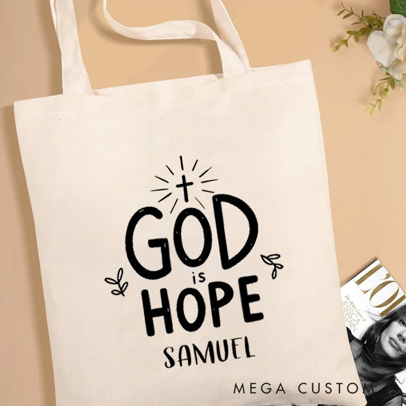 Personalized God Is Hope Canvas Tote Bag with Name Small Leaf Christian Tote Bag Faith Based Bag Gift for Christians