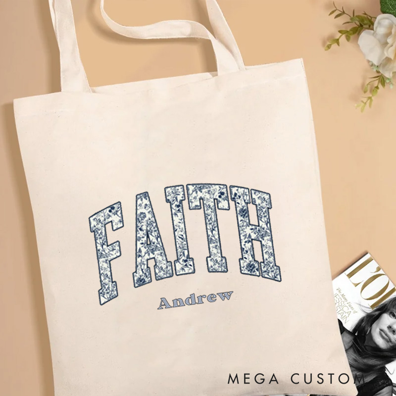 Personalized Faith Canvas Tote Bag with Name Toile Style Tote Bag   Religious Gift Birthday Gift for Women and Girls