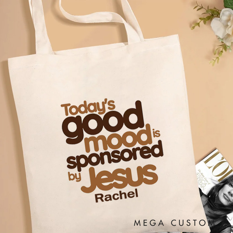 Personalized Today's Good Mood Is Sponsored by Jesus Canvas Tote Bag Retro Inspirational Tote Bag Gift of Faith Birthday Gift for Christians