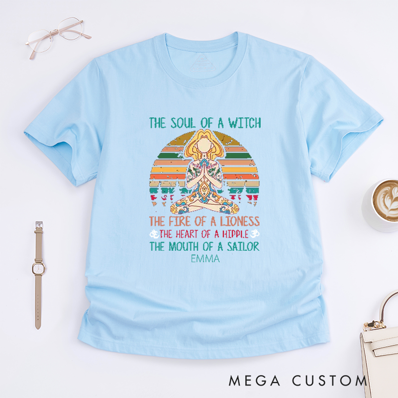 Personalized The Soul Of A Witch Yoga T-Shirt Positive Yoga Lover T-Shirt Meditating Yoga Gift for Women