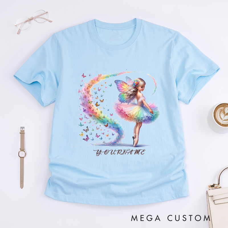 Personalized Fairy Ballerina T-Shirt Custom Name Rainbow Butterfly Ballet Tee Unique Birthday Gift for Girls Dance Lover Daughter Kids Women