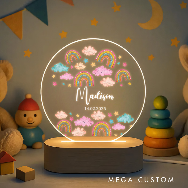 Personalized Multiple Rainbow and Cloud Illustrations with Star Accents for a Playful and Magical Nursery Ambiance Night Lamp