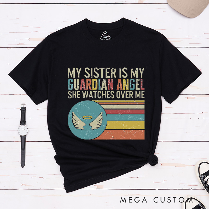 Personalized Guardian Angel Sister Memorial T-Shirt Retro Striped Wings Sympathy Gift for Grieving Sibling